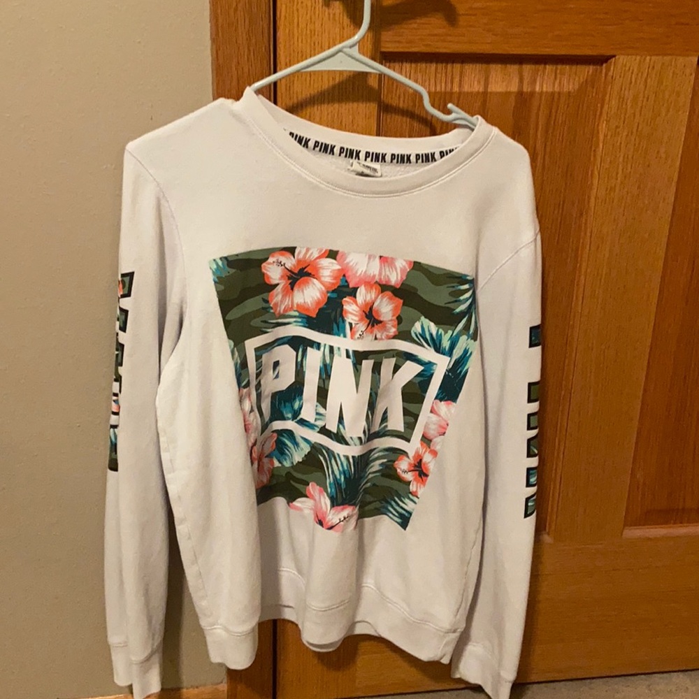PINK white tropical crew neck